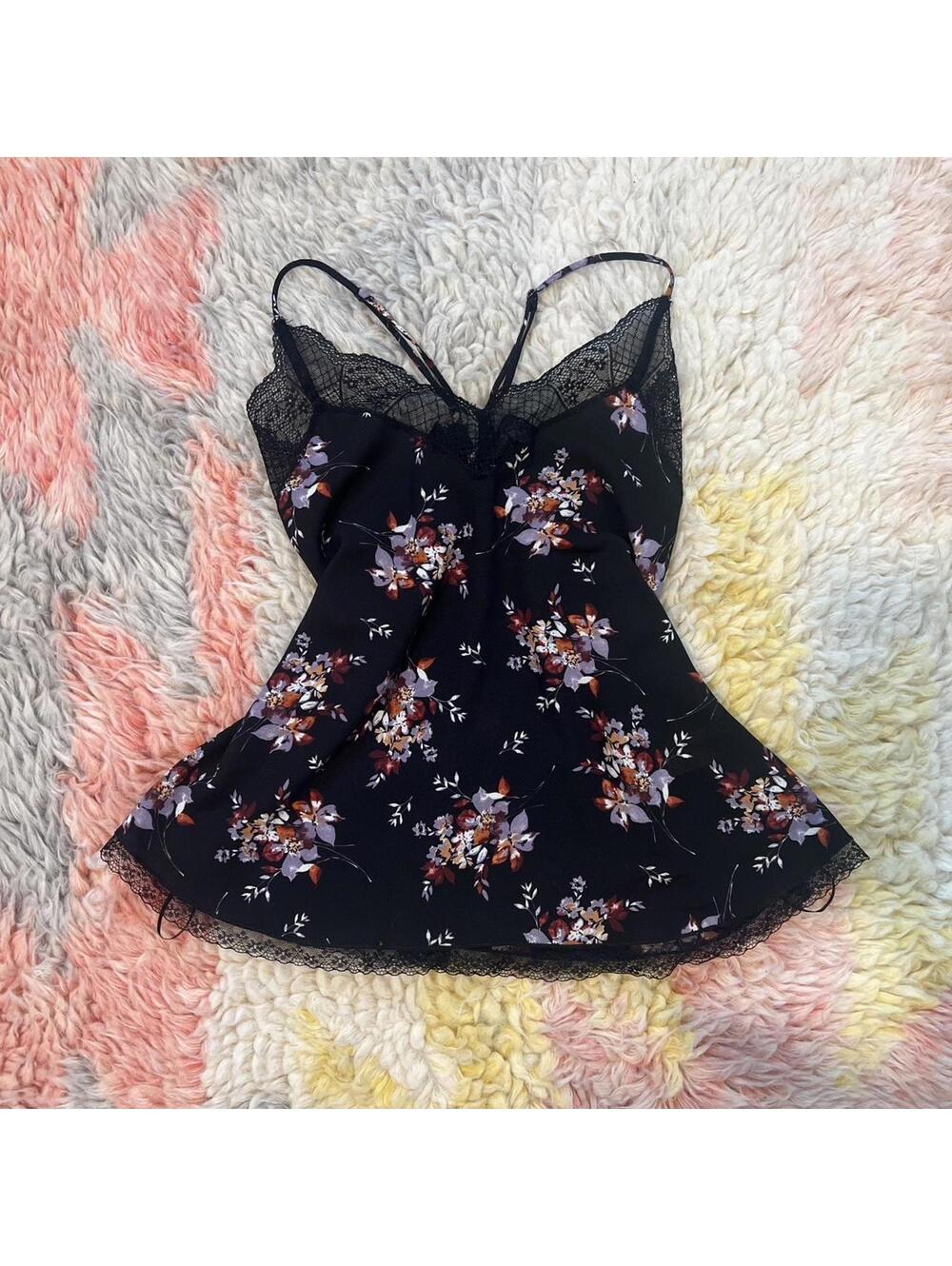 Black floral lace silky cami top